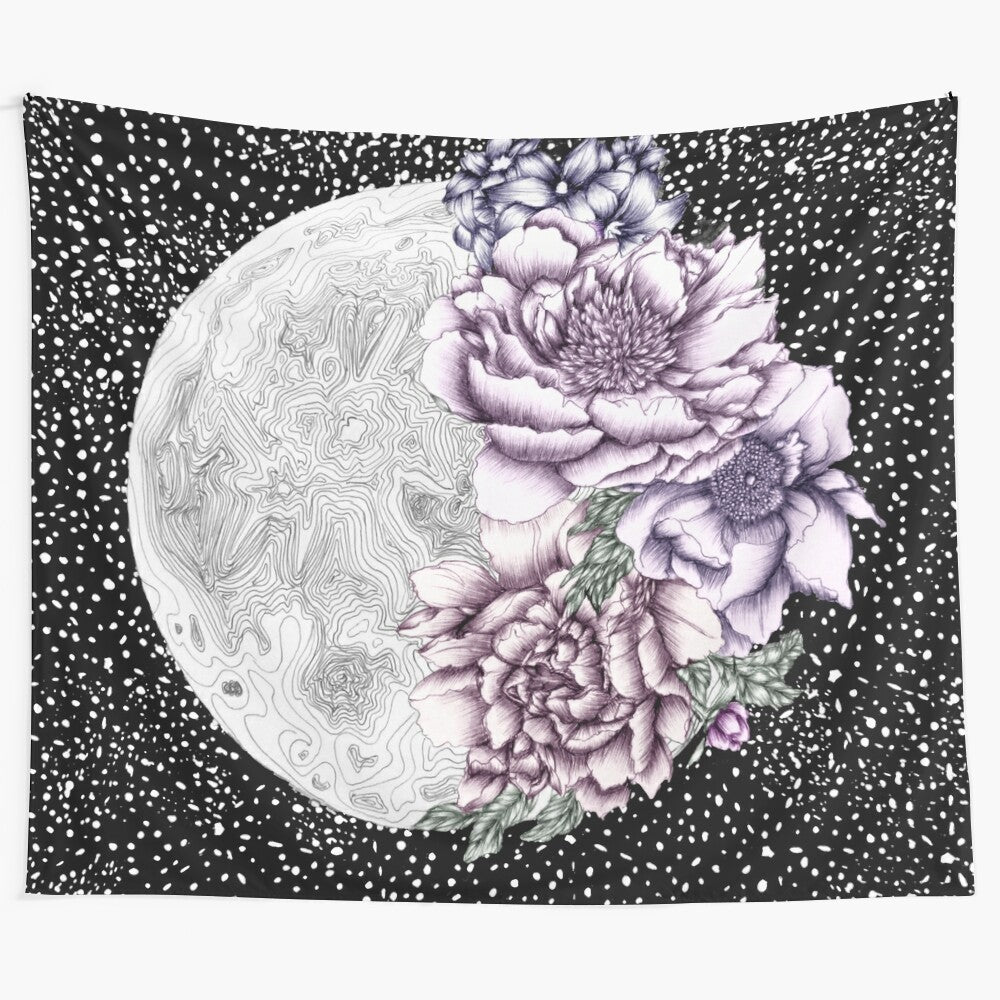 Enchanting tapestry featuring a surreal, dreamy scene of a full moon surrounded by whimsical, blooming flowers and a starry night sky.