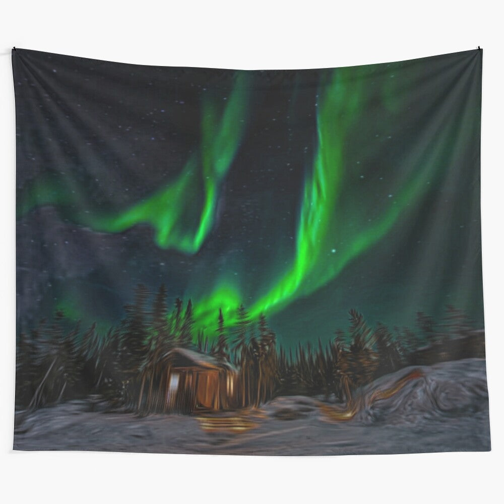 Stunning northern lights tapestry featuring vibrant colors and a winter landscape