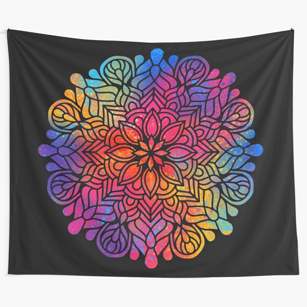 Vibrant mandala tapestry with rainbow colors, floral patterns, and bohemian design