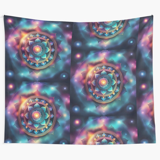 Colorful mandala pattern tapestry with intricate geometric design