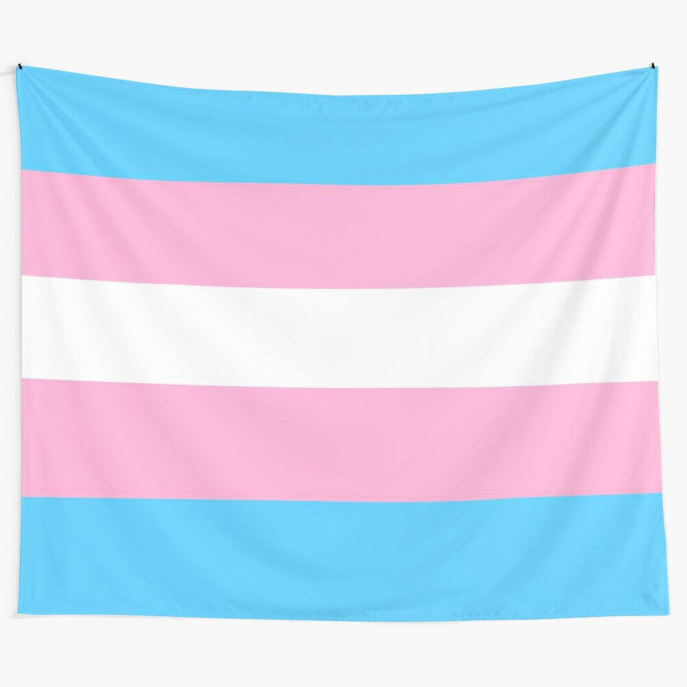 Colorful transgender pride flag design on a tapestry