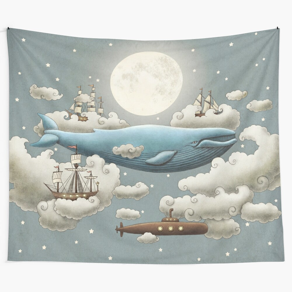 Whimsical ocean meets sky tapestry with a blue whale, clouds, moon, and stars