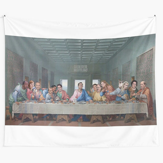 Vintage-style tapestry featuring a humorous take on 'The Last Supper' for office decor