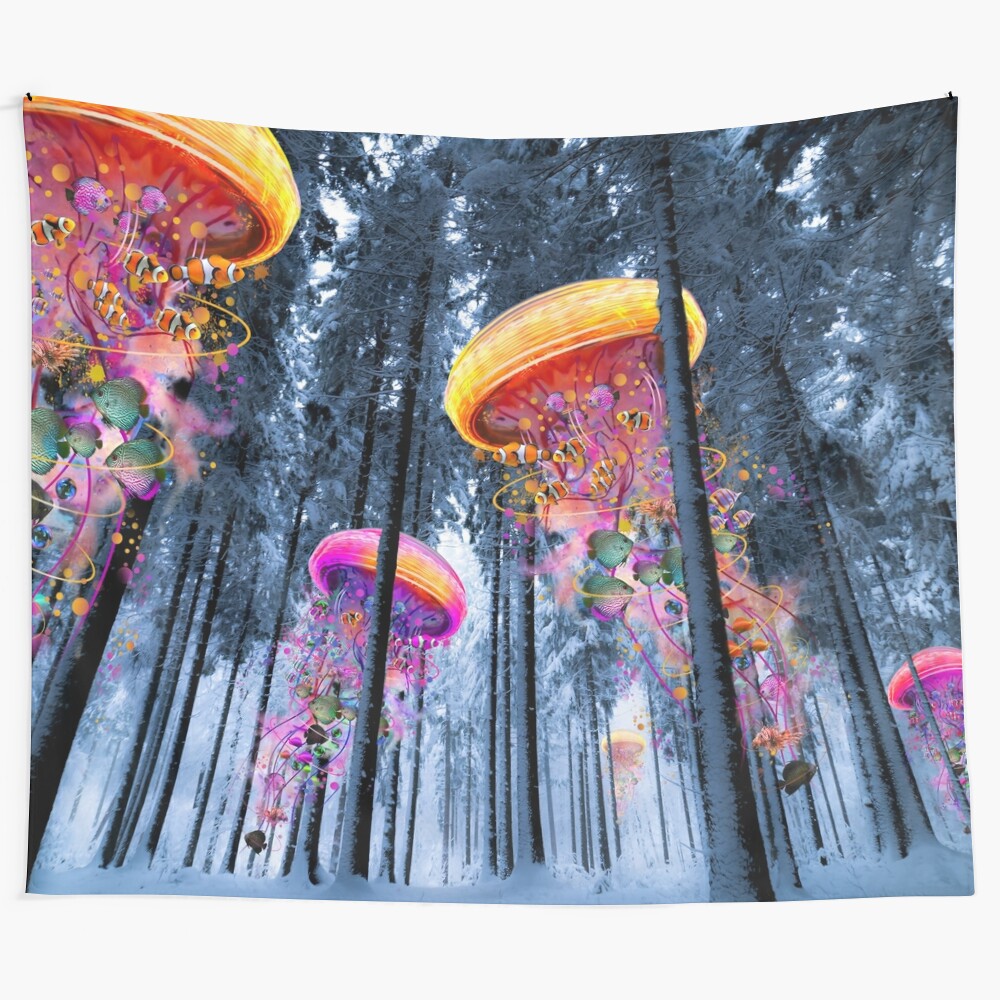 Fantasy forest tapestry with electric jellyfish in a winter wonderland