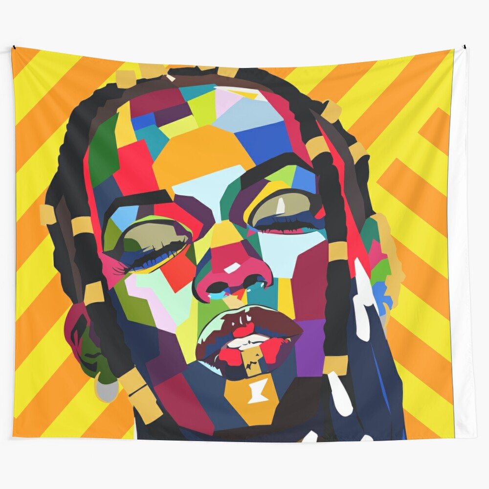 Colorful abstract tapestry featuring various patterns and designs