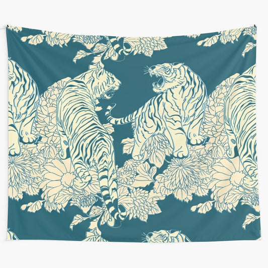 Teal and cream tigers and flowers patterned tapestry