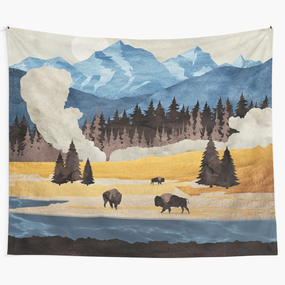 Yellowstone National Park inspired tapestry design featuring geysers, bison, and scenic landscapes