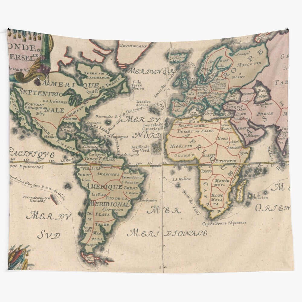 Vintage world map tapestry featuring historical 1714 cartography