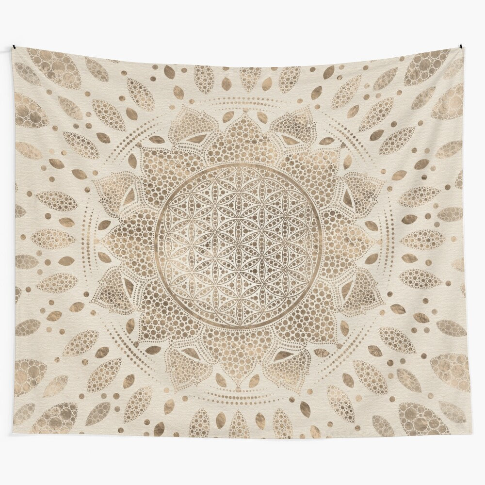 Lotus flower of life mandala wall tapestry in pastel gold tones