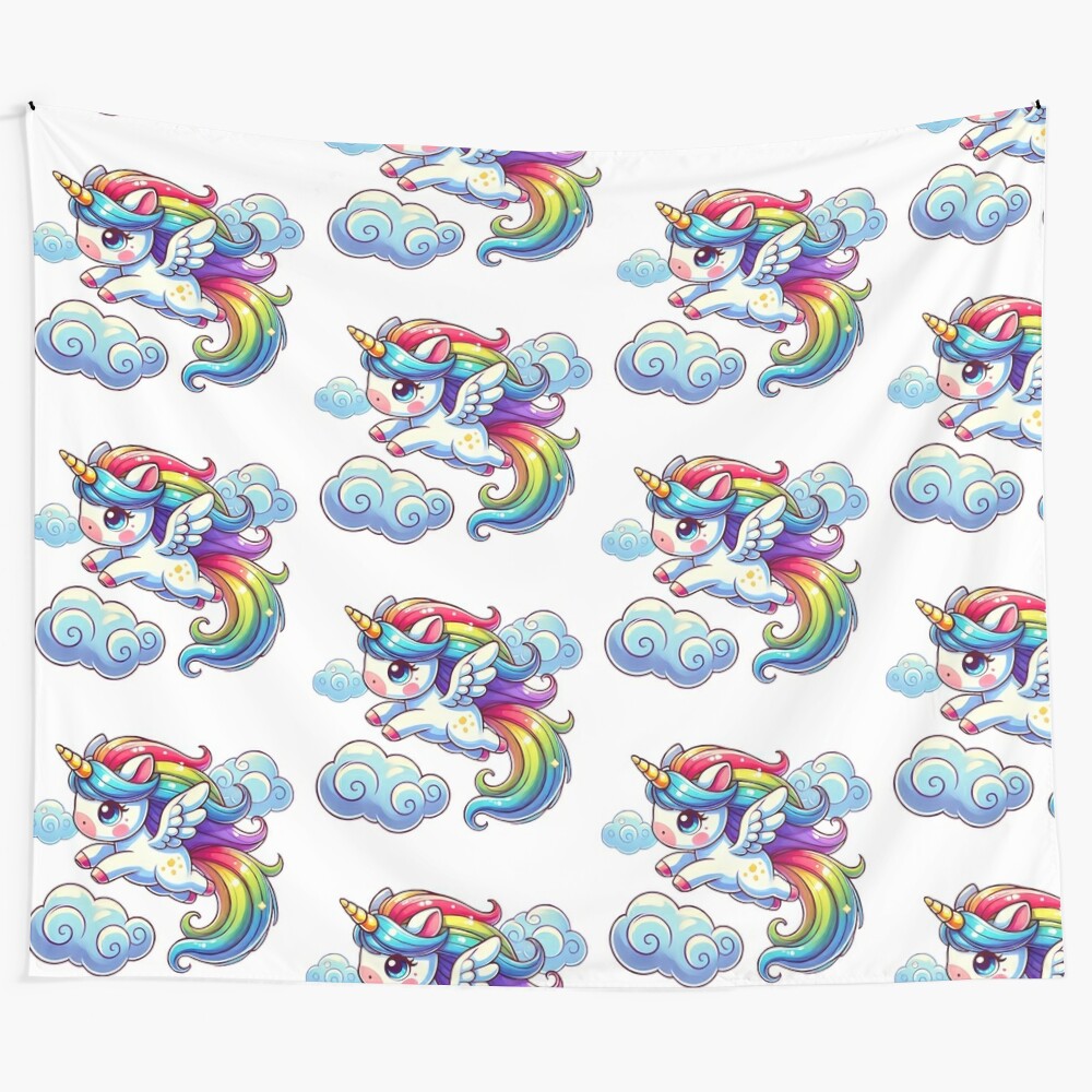 Fantasy unicorn flying among colorful clouds in a dreamy, magical scene