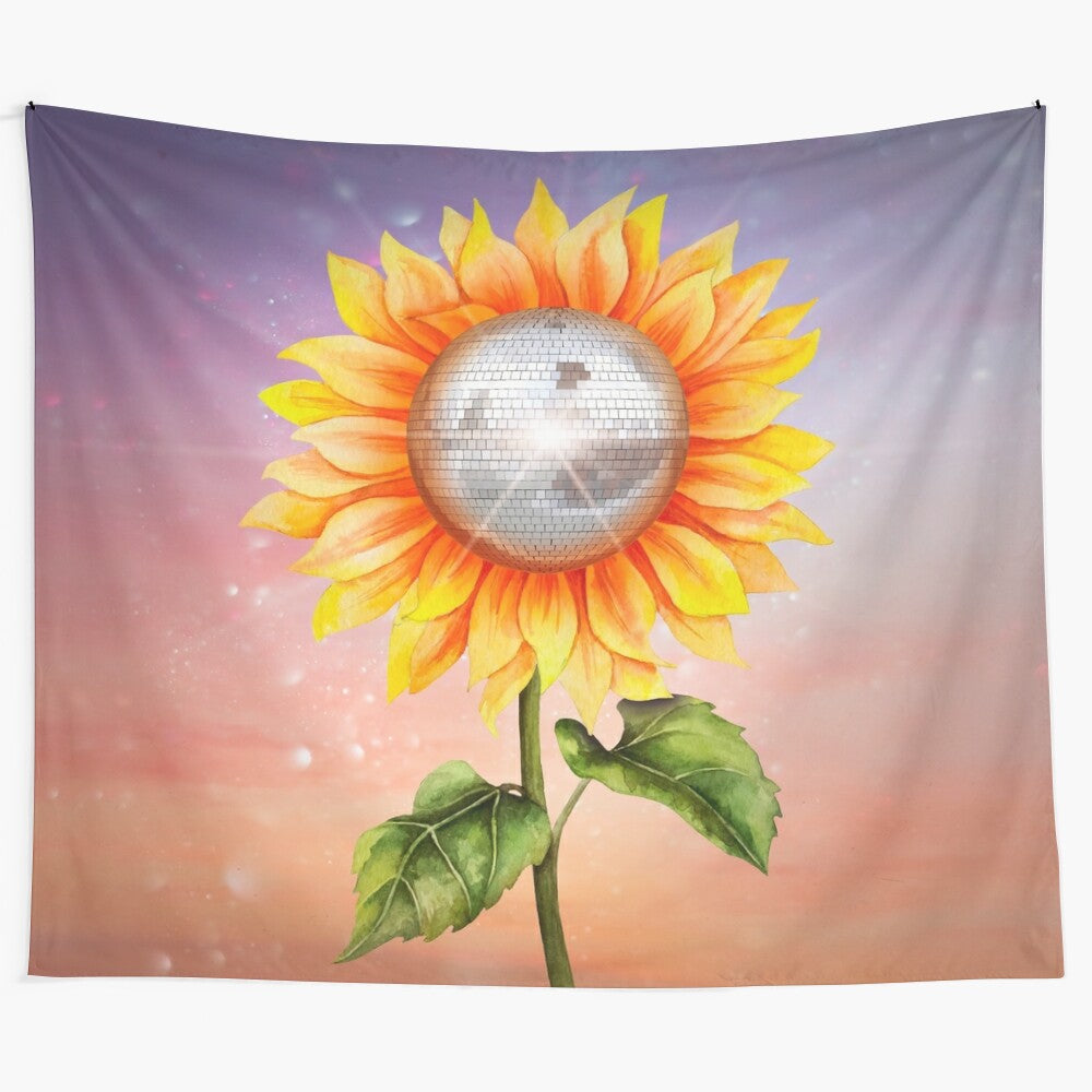 Colorful sunflower disco ball tapestry with a psychedelic, bohemian design