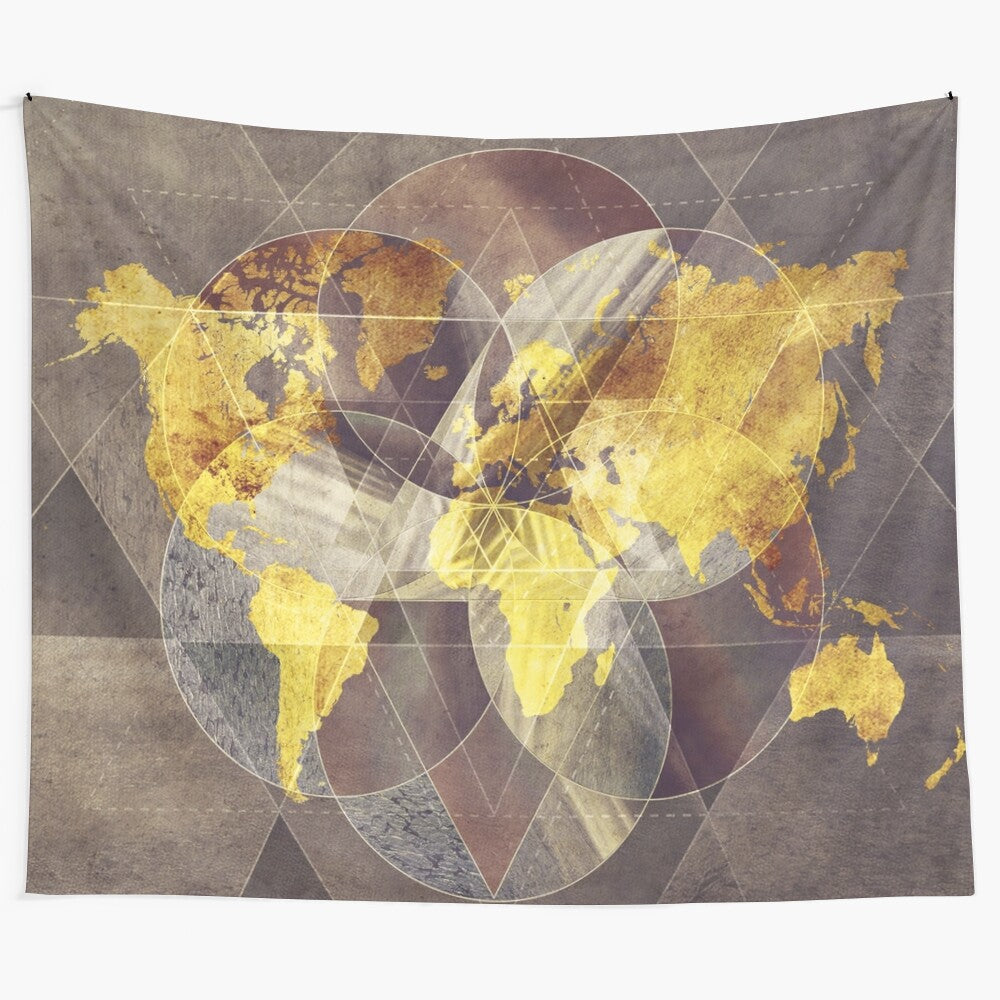 Typographic world map tapestry with sacred geometric design