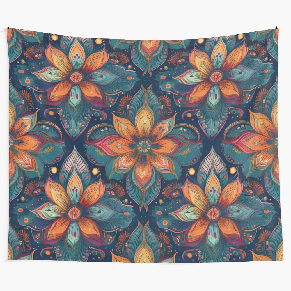 Retro boho tapestry featuring vibrant orange flowers