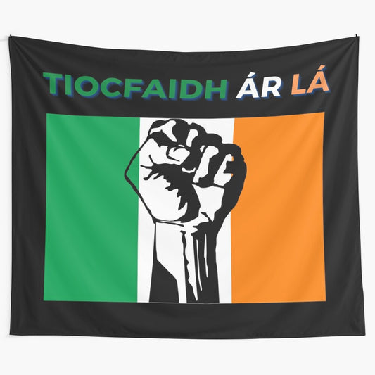 Irish themed tapestry featuring green, white, and orange flag with raised fist - Tiocfaidh ár lá