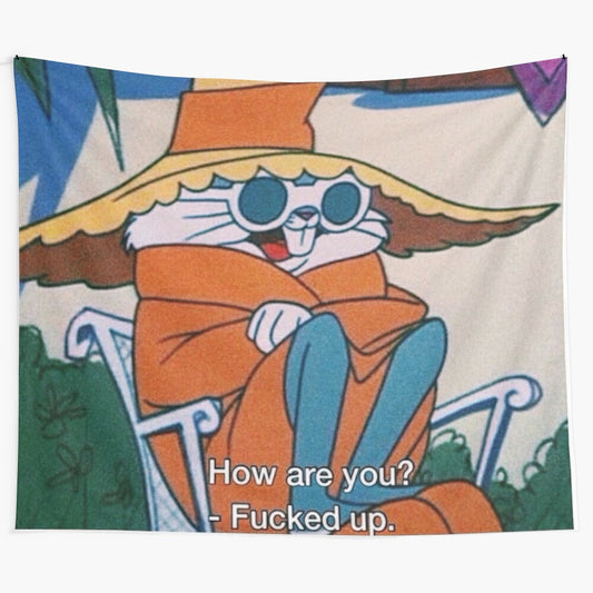 Colorful trippy cartoon tapestry with psychedelic design