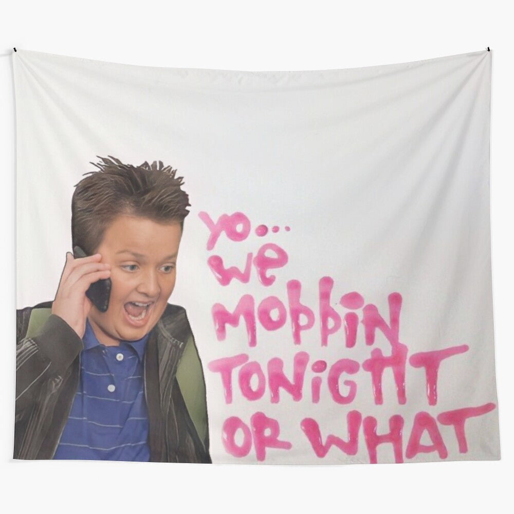 Funny college dorm tapestry featuring Gibby-inspired Gen Z humor and internet culture references