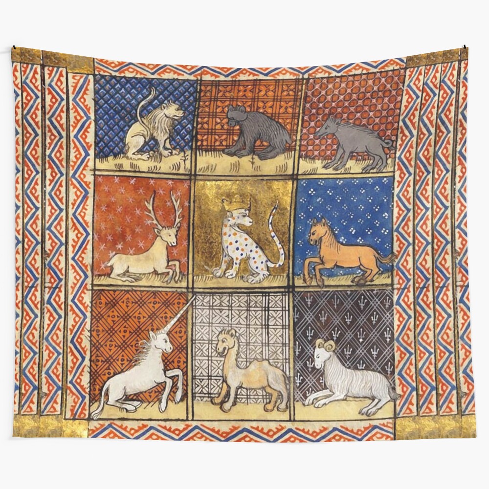 Enchanting tapestry depicting a medieval bestiary of fantastical animals