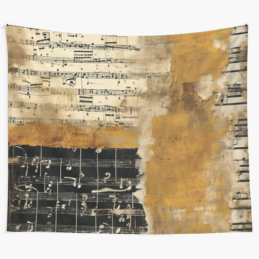 Grungy music sheets design tapestry in mustard and black colors