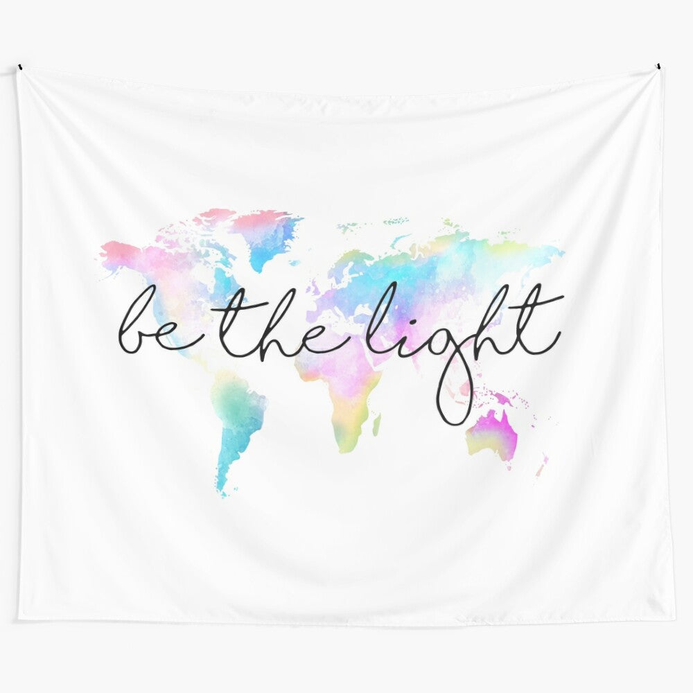 Colorful watercolor world map tapestry with uplifting christian quote