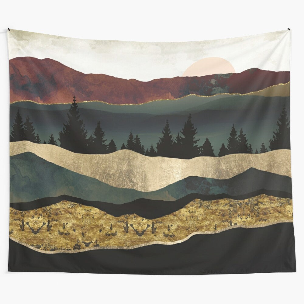 Autumn watercolor tapestry featuring a scenic forest landscape with mountains and fall foliage