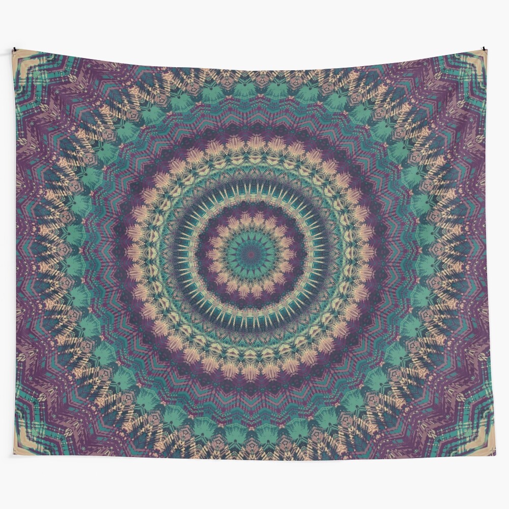 Vibrant mandala tapestry with sacred geometry, flower of life, and nature motifs