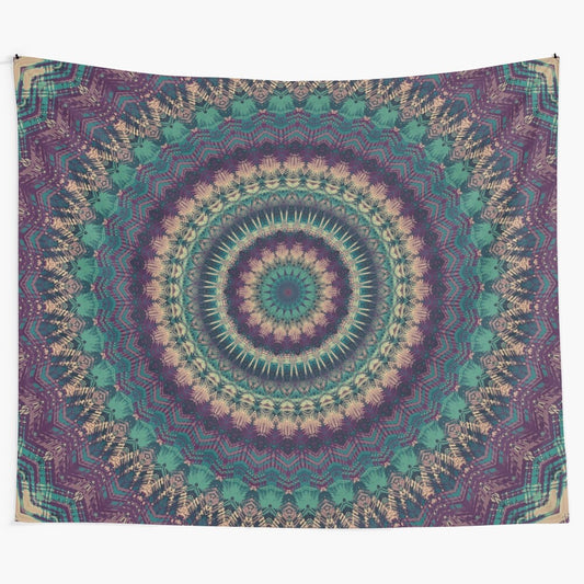 Vibrant mandala tapestry with sacred geometry, flower of life, and nature motifs