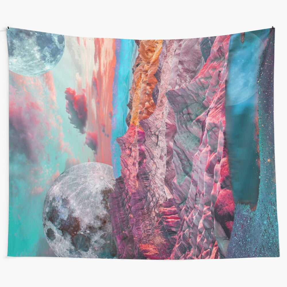 Vibrant digital art tapestry featuring a fantasy landscape with mountains, moon, and celestial elements