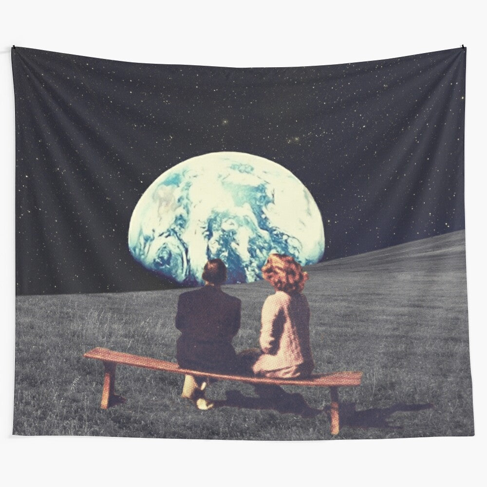 Surreal vintage tapestry featuring a couple in a surreal, retrofuture landscape