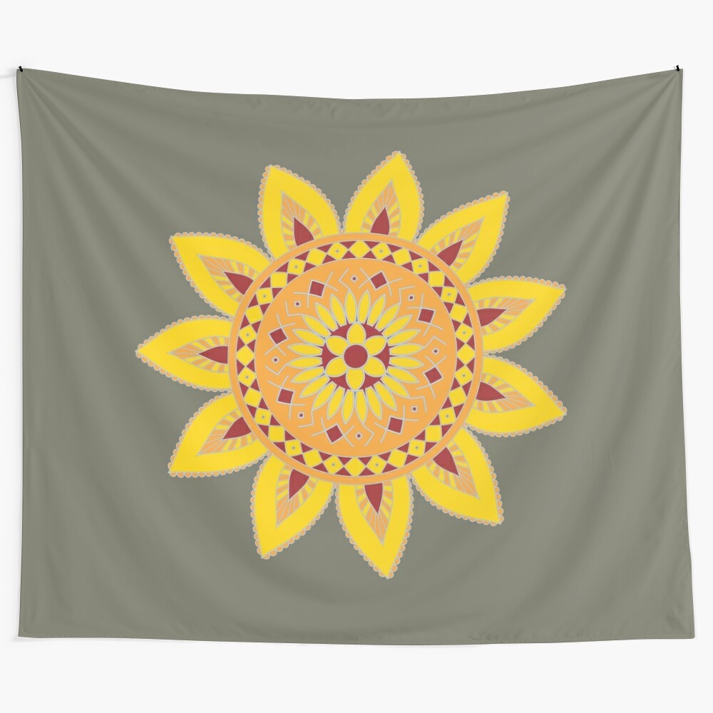 Sunflower mandala tapestry featuring colorful psychedelic design