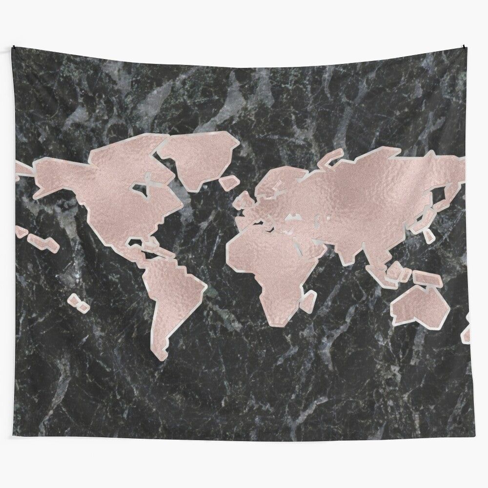 Marble tapestry with rosegold and black design featuring a world map and night sky elements