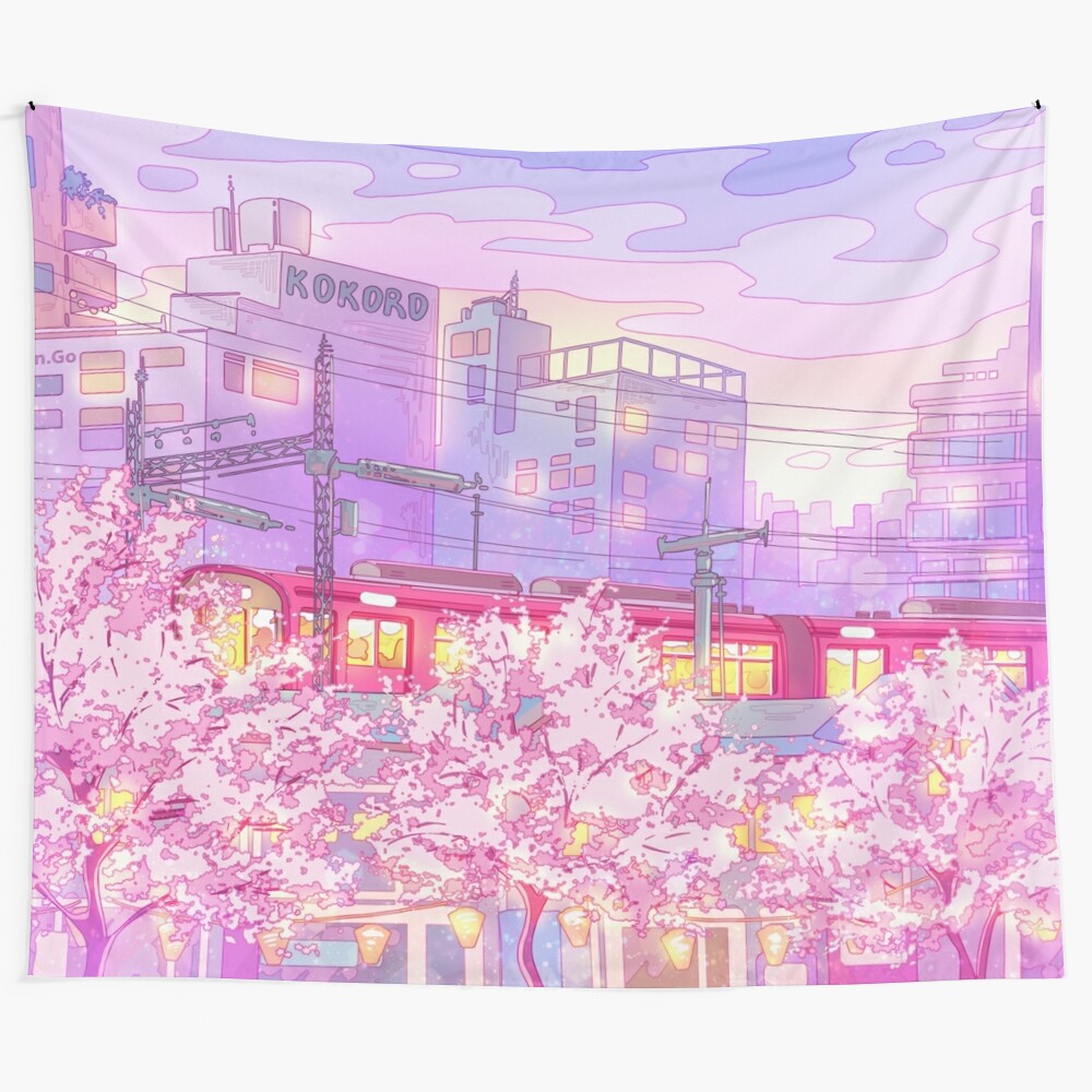 Beautiful tapestry depicting the Tokyo cityscape with a vibrant purple sunset