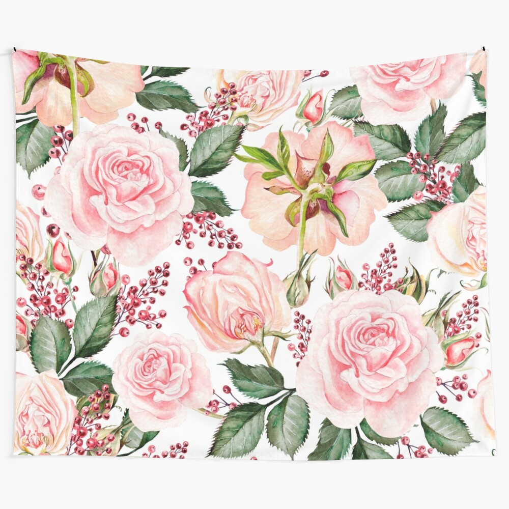 Romantic watercolor flower pattern tapestry with colorful blooms and foliage