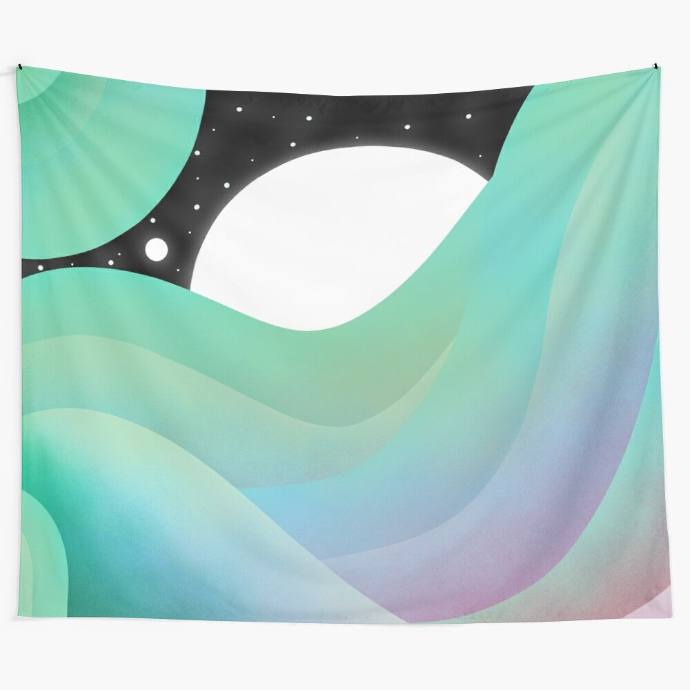 Soothing cosmic waves tapestry featuring a serene ocean landscape with teal, pink, and galaxy elements