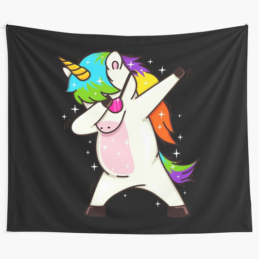 Dabbing unicorn dancing in a rainbow-colored design