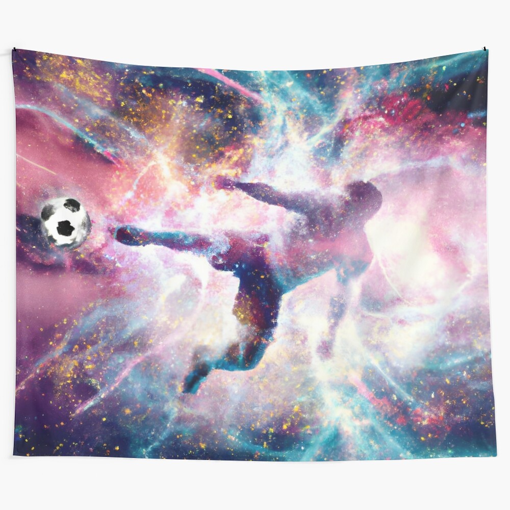 Galaxy soccer tapestry featuring a colorful, cosmic design with football players in a space setting