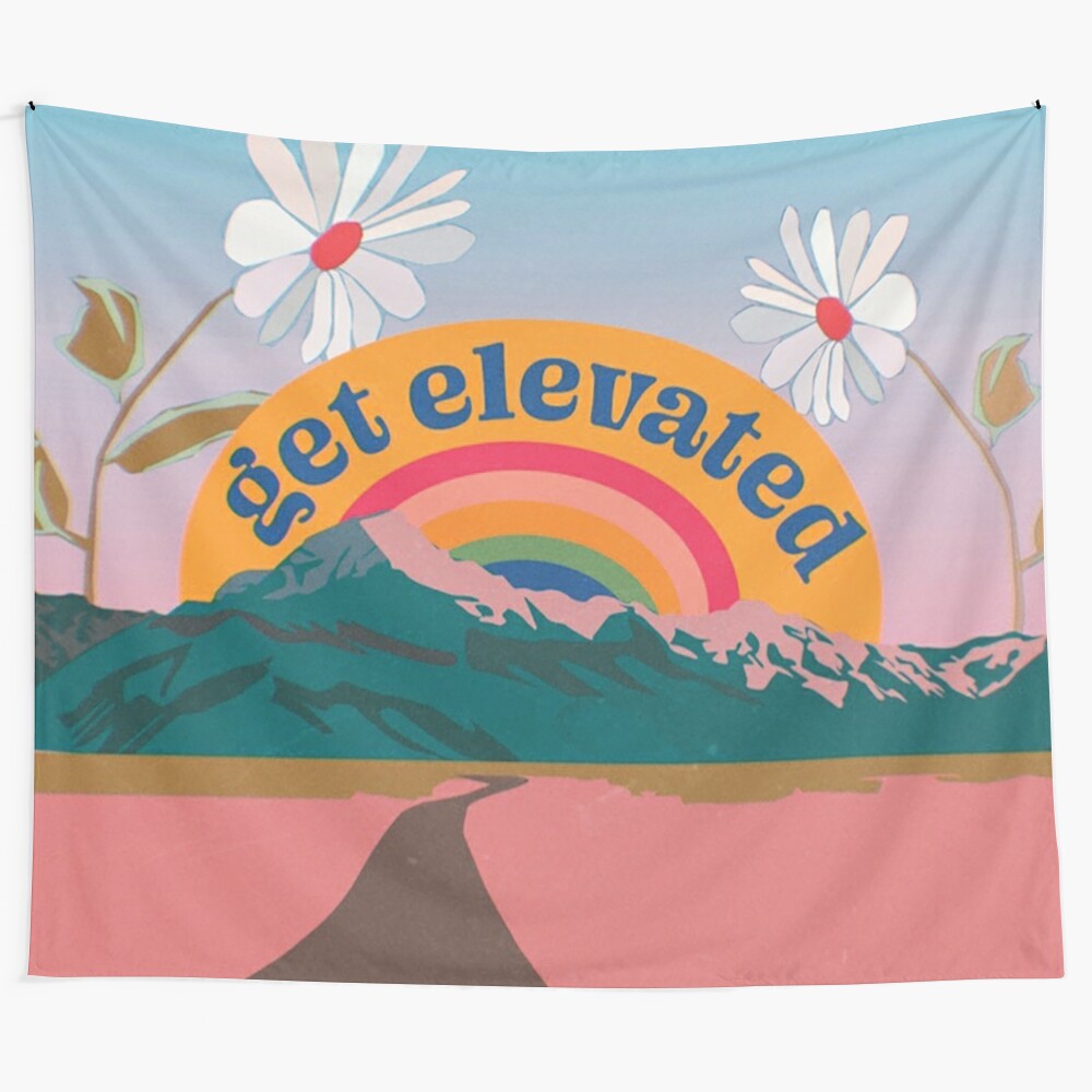 Elevated mountain tapestry with psychedelic floral and nature motifs