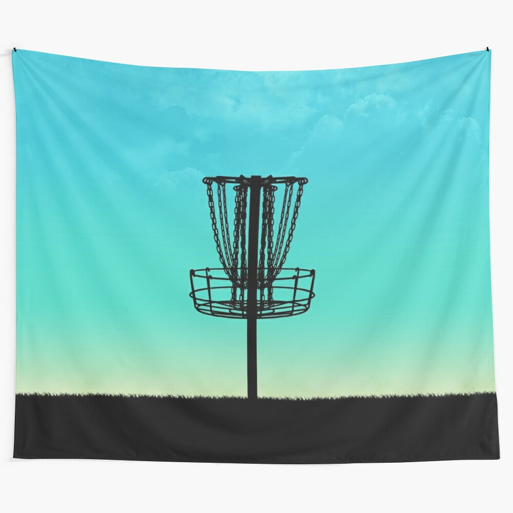 Disc golf basket silhouette tapestry featuring abstract geometric and mandala design