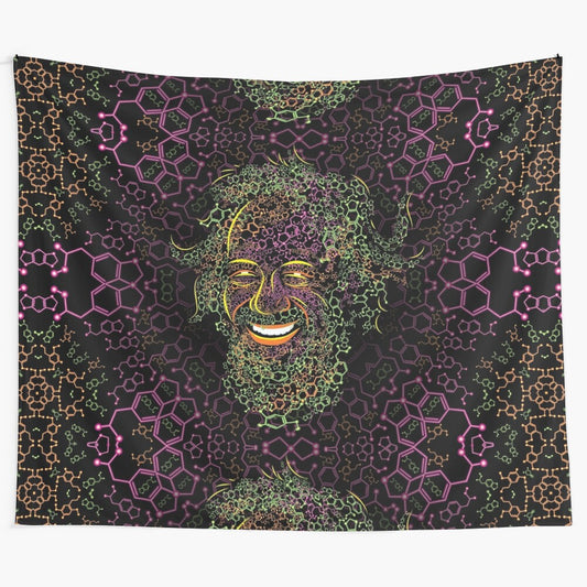 Psychedelic portrait tapestry featuring MDMA and 2C-B molecules