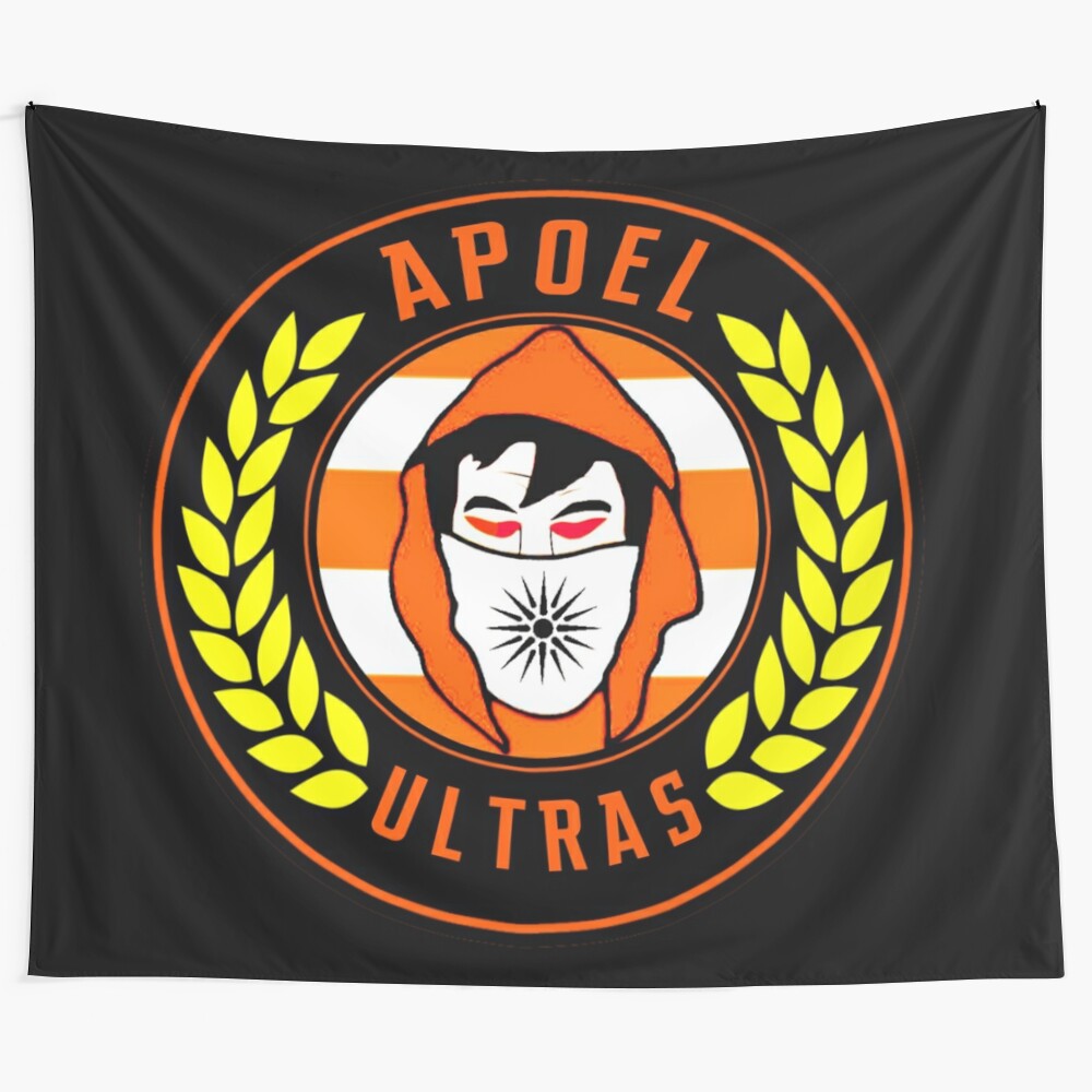 APOEL Ultras tapestry featuring the team's colors and iconic symbols