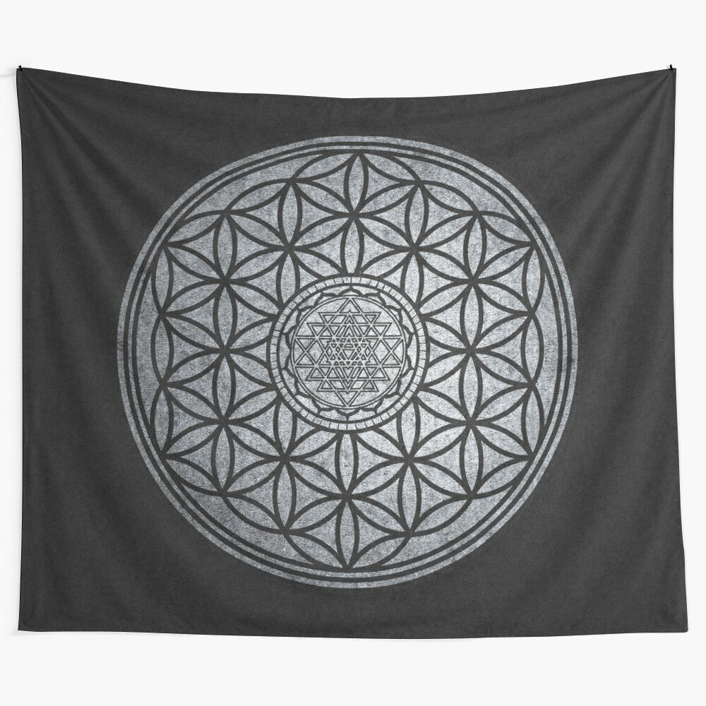 Sacred geometry tapestry featuring mandala, lotus, and ohm symbol artwork