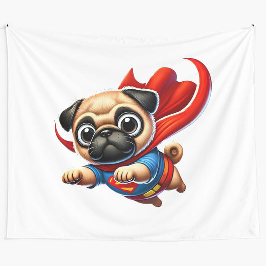 Adorable cartoon pug dog flying with a red superhero cape