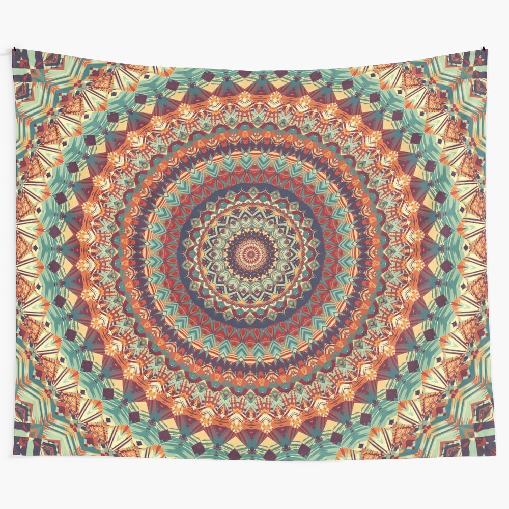 Vibrant mandala tapestry featuring sacred geometry and floral elements