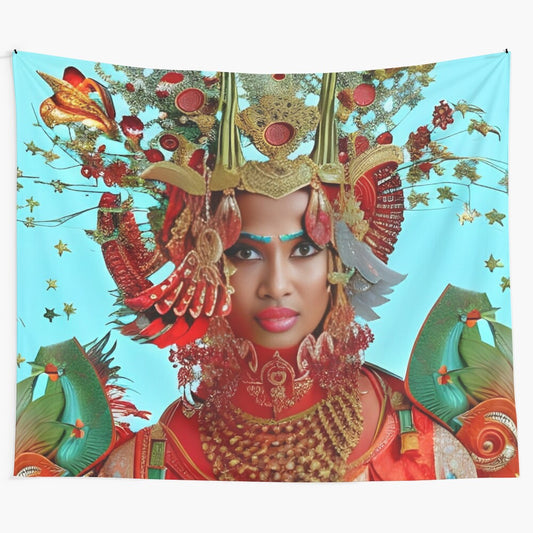 Vibrant tapestry featuring a divine goddess figure surrounded by abstract floral and celestial elements