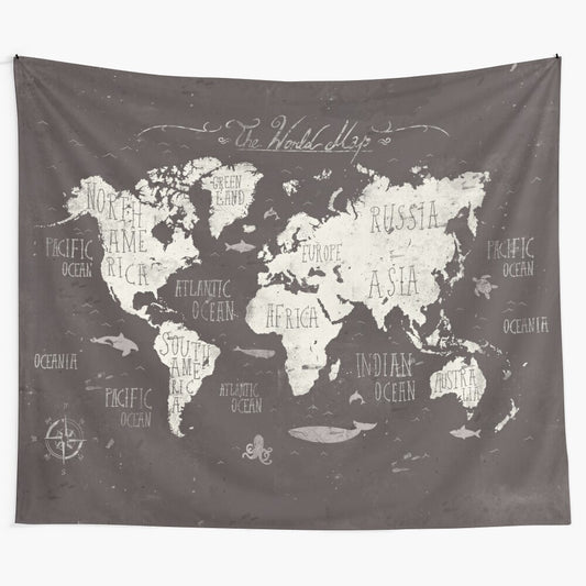 Vintage-inspired world map tapestry with a nature and adventure theme