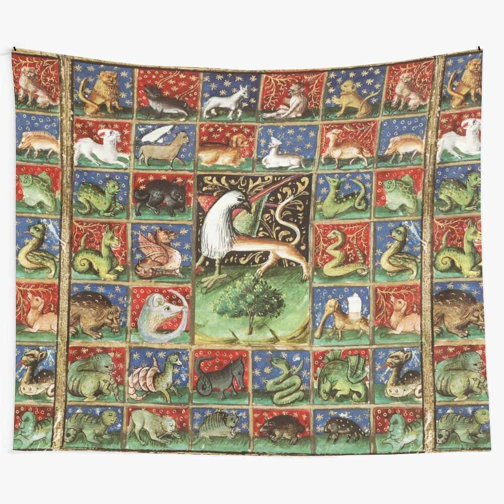 Colorful medieval bestiary tapestry featuring fantastic animals like lions, wolves, and mythical creatures