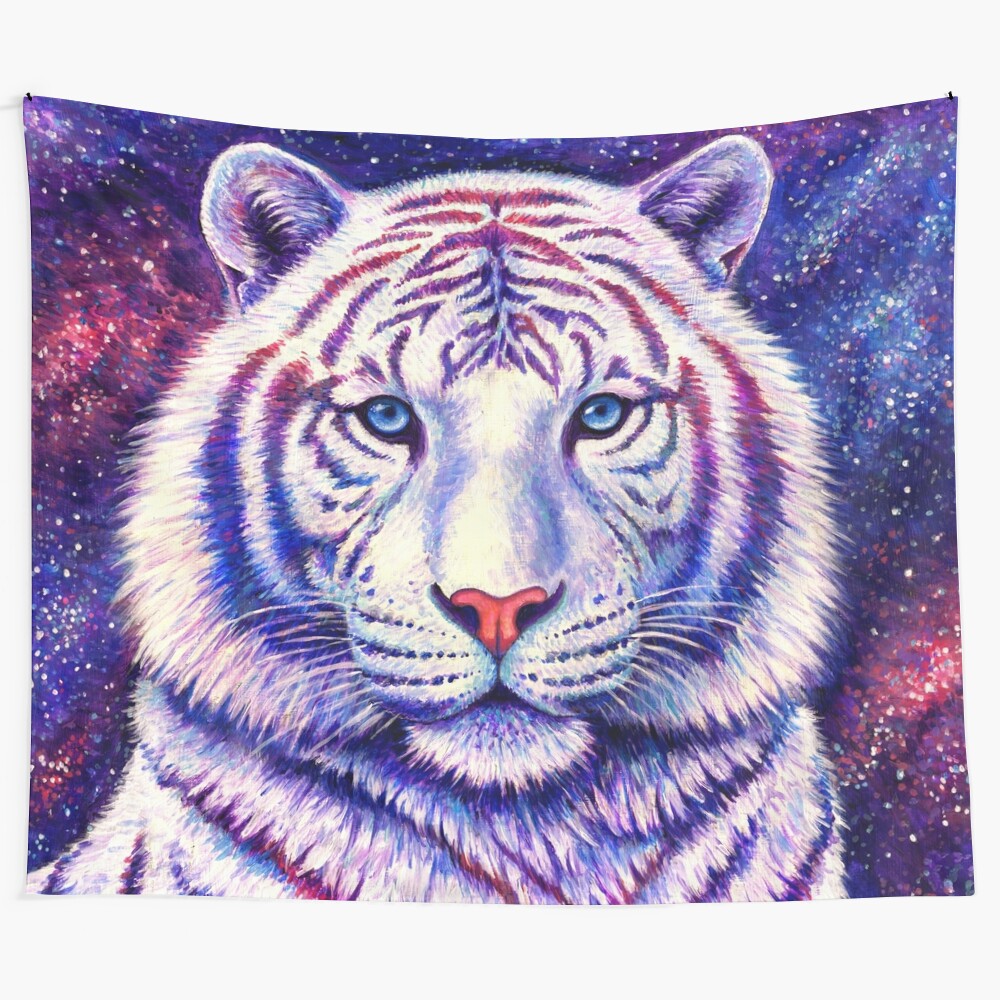 Cosmic white tiger tapestry featuring a glowing, luminous feline in a vibrant galaxy scene