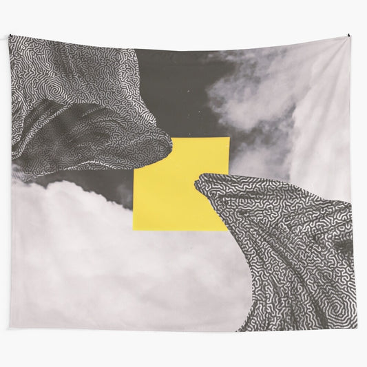 Geometric abstract tapestry with black, white, and yellow patterns