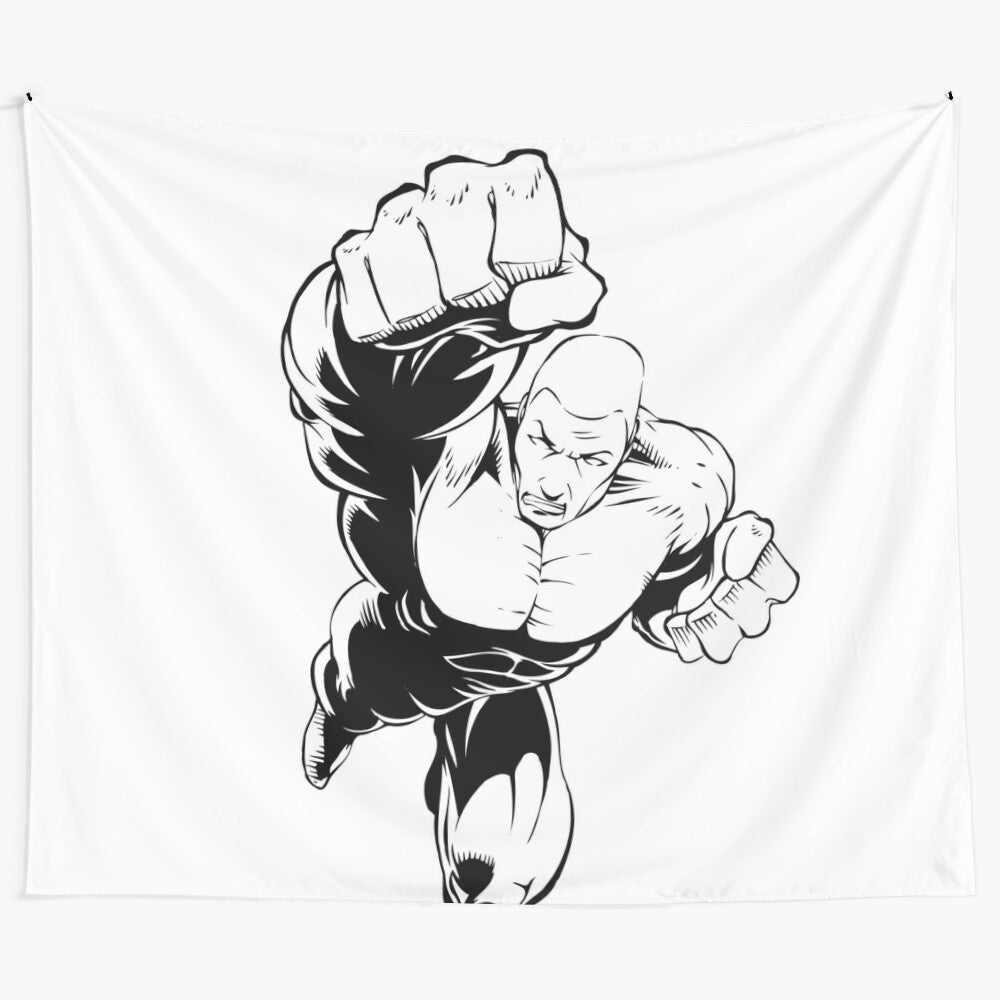 Colorful superhero tapestry wall hanging with heroes in action