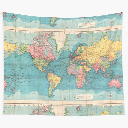 Vintage-inspired bohemian world map tapestry wall hanging with colorful, historic design