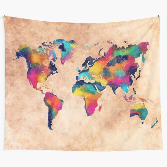 Watercolor world map artwork with typographic design